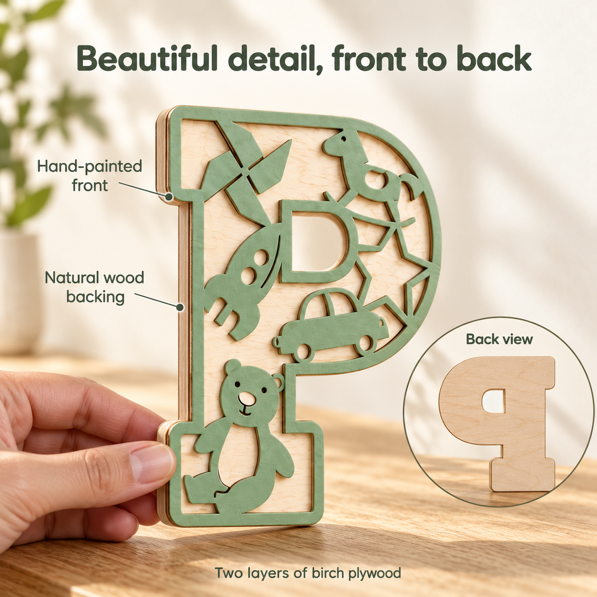 Sage Green wooden P letter showing the painted toy detail front, two birch plywood layers and plain natural wooden rear