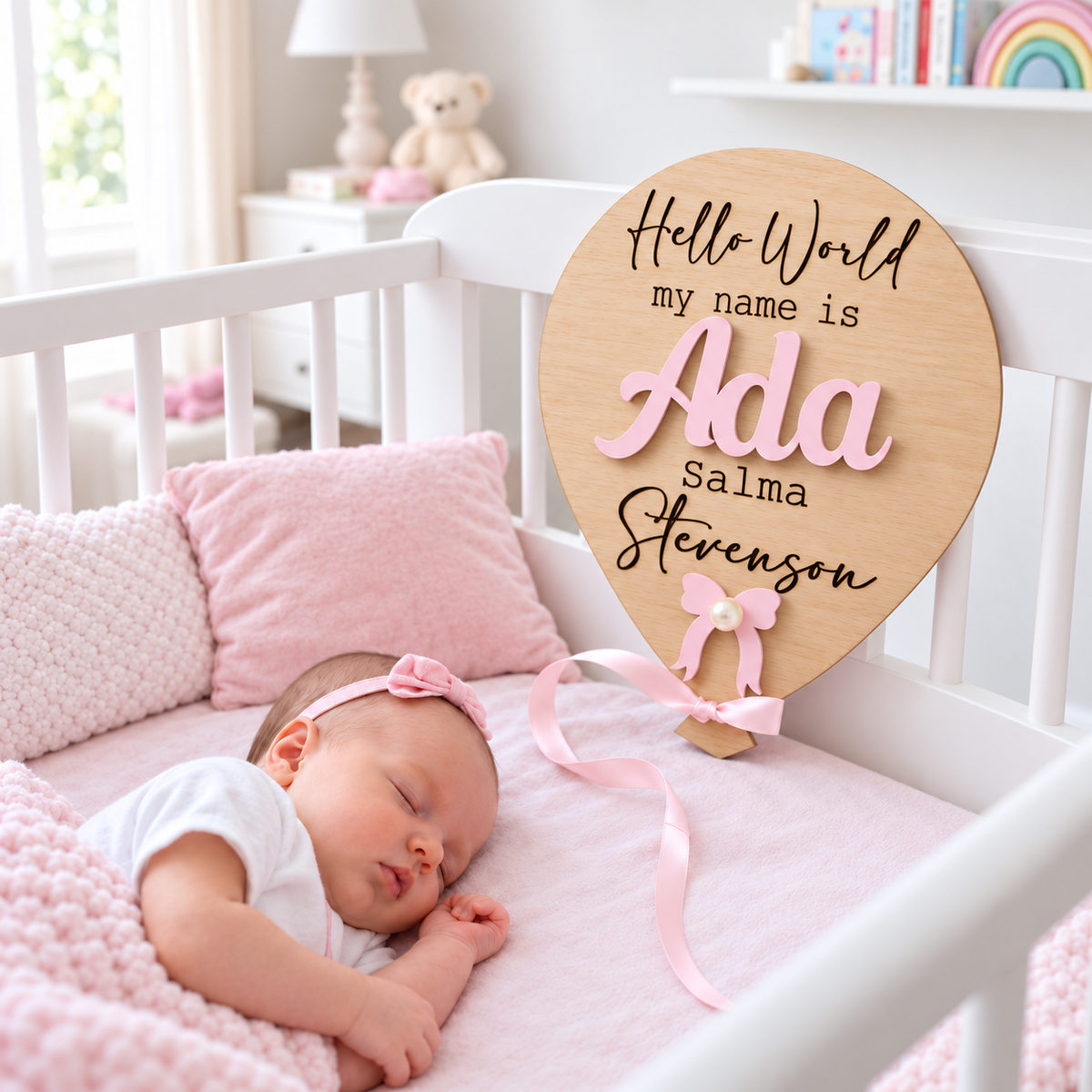 Personalised wooden balloon name sign with pink Ada lettering, bow and pearl-effect detail, styled beside a newborn.