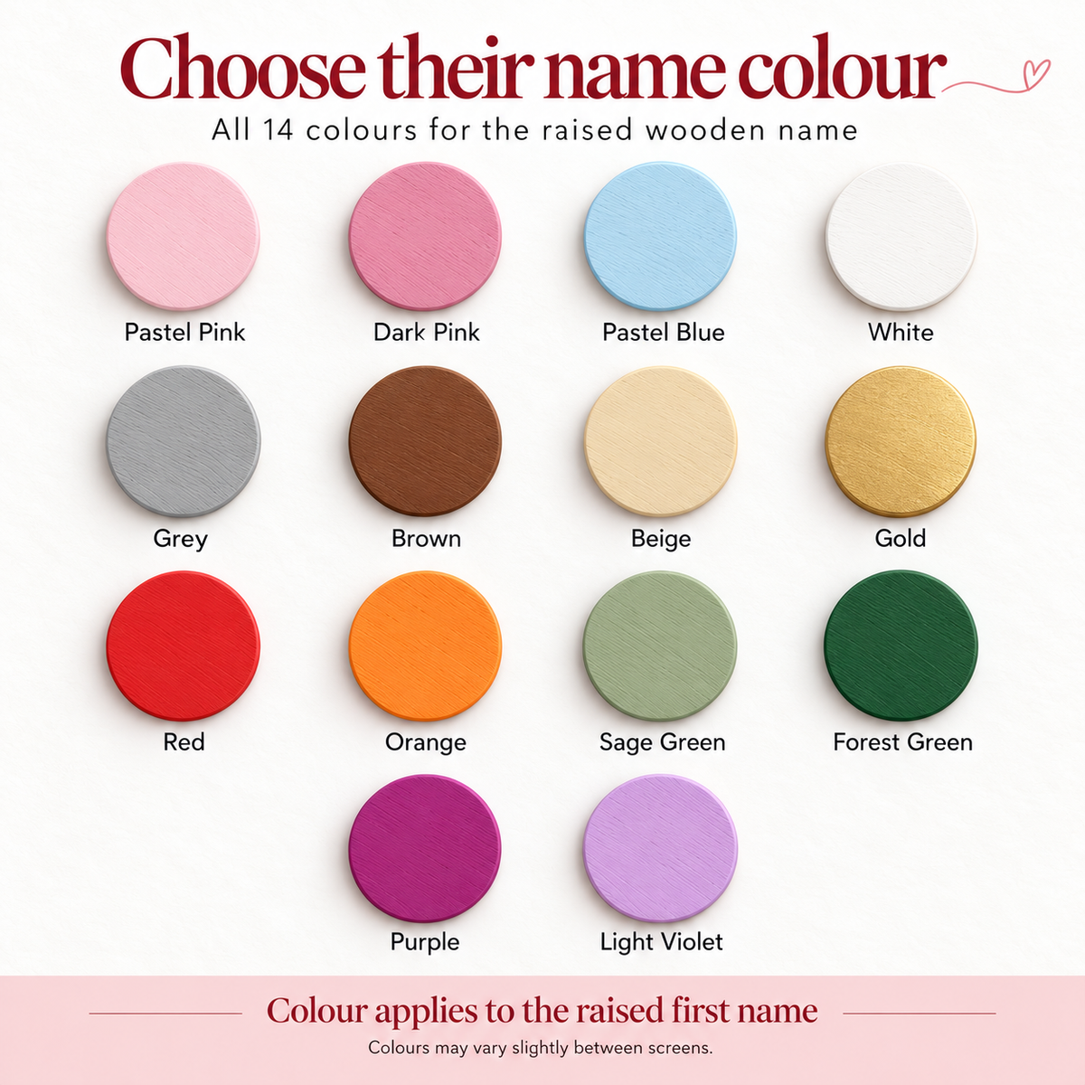All 14 painted name colours for the personalised wooden balloon sign, each swatch labelled.