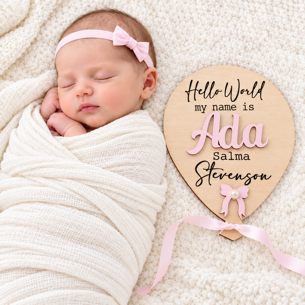 Personalised balloon baby name reveal sign beside a swaddled newborn, with blush pink name and pearl bow.