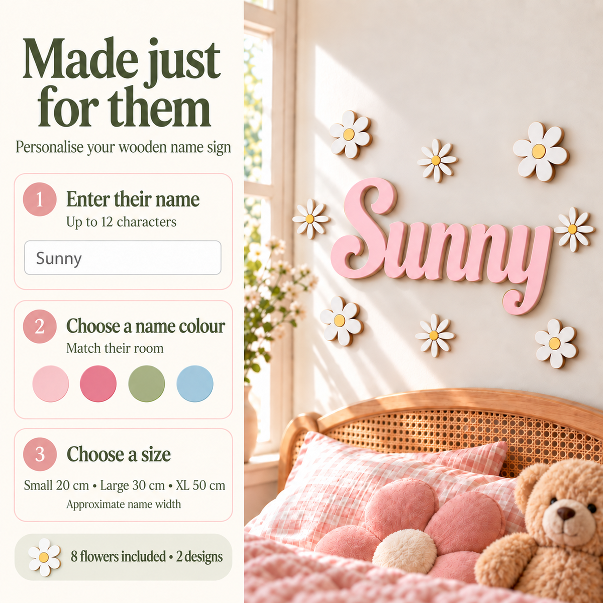 How to personalise the wooden name sign with eight flowers in two designs: enter a name, choose a colour and select 20, 30 or 50 cm name width