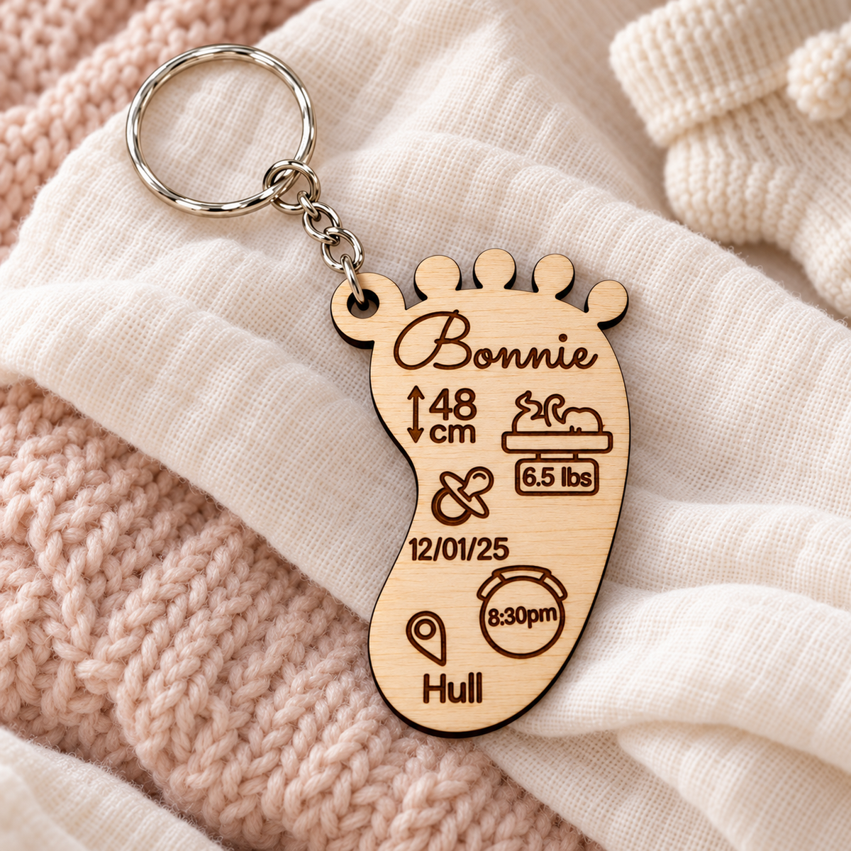 Footprint baby birth stats keyring engraved with Bonnie's name and birth details