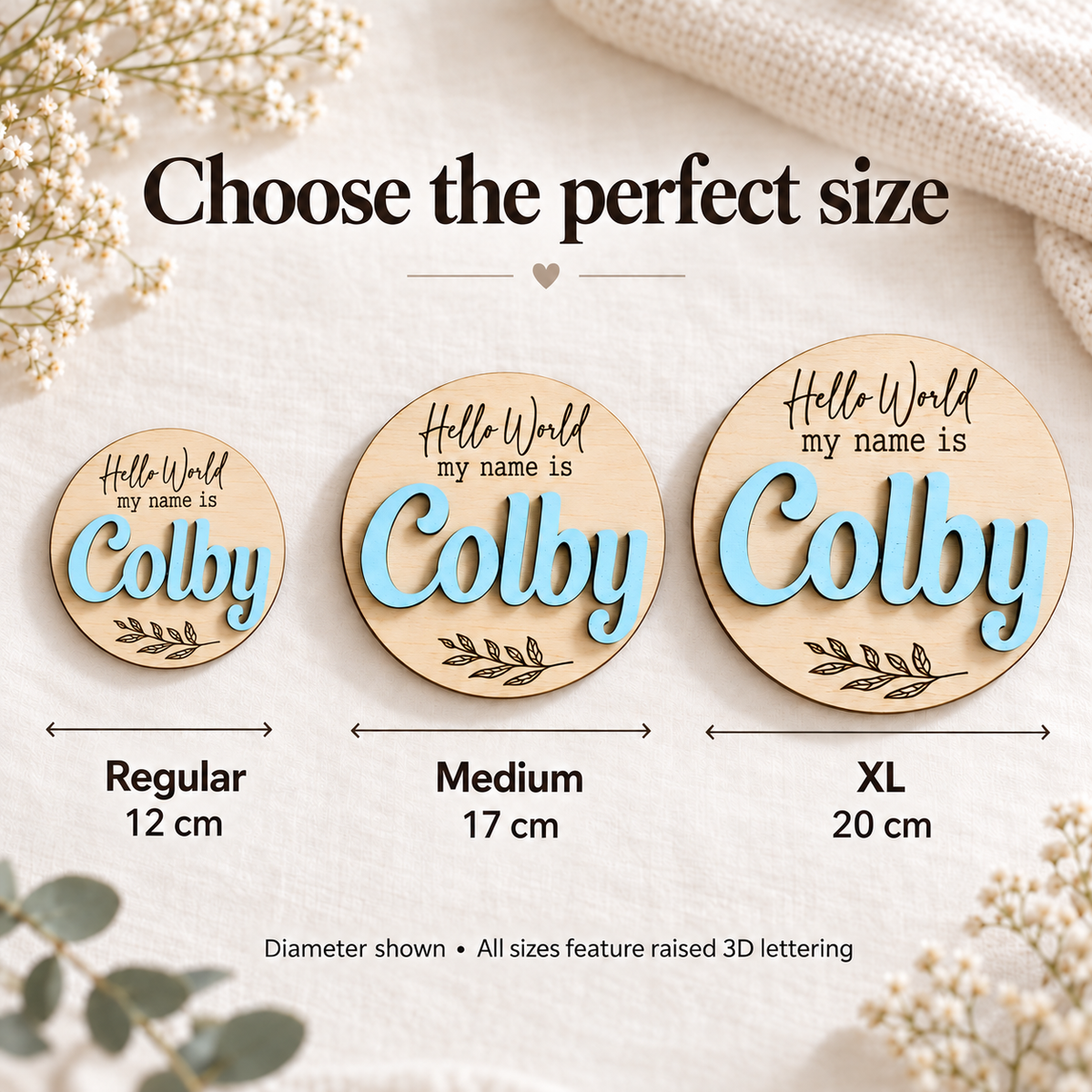 Round baby name disc size comparison: Regular 12 cm, Medium 17 cm and XL 20 cm diameter.