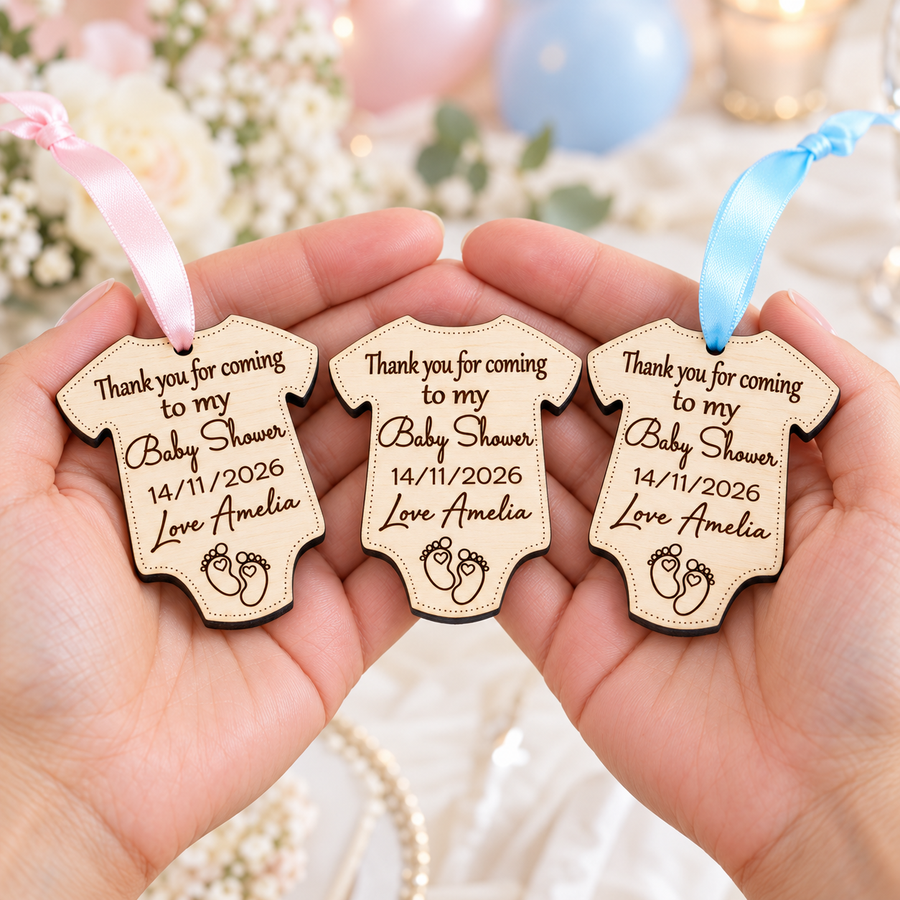 Personalised wooden baby shower favours held in hands, showing pink ribbon, blue ribbon and fridge magnet options.