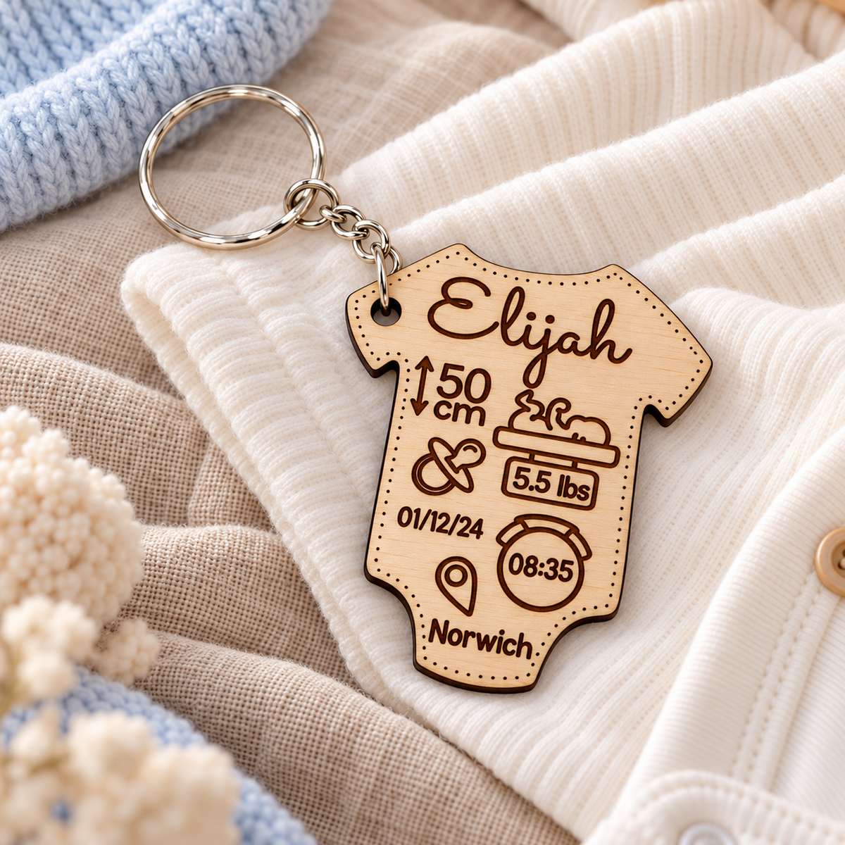 Baby vest birth stats keyring engraved with Elijah's name and birth details
