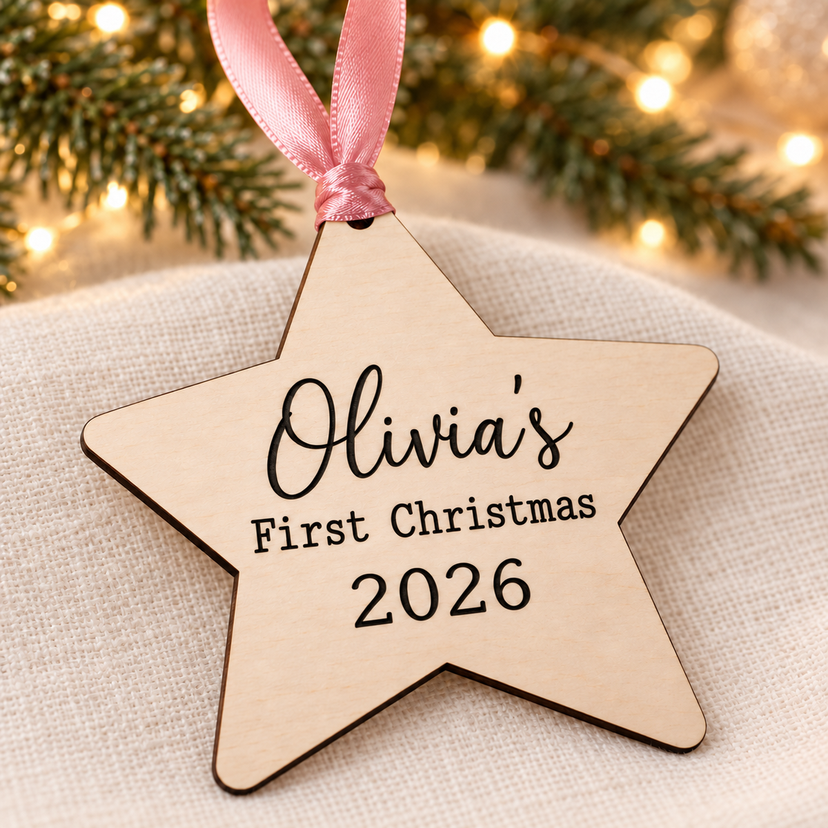 Close-up of crisp black laser engraving on Olivia's first Christmas birch plywood star ornament