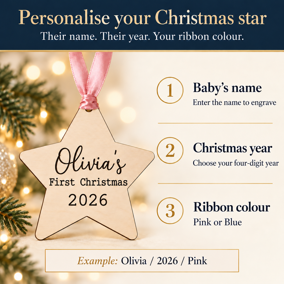 How to personalise a first Christmas wooden star: baby's name, four-digit year, and pink or blue ribbon
