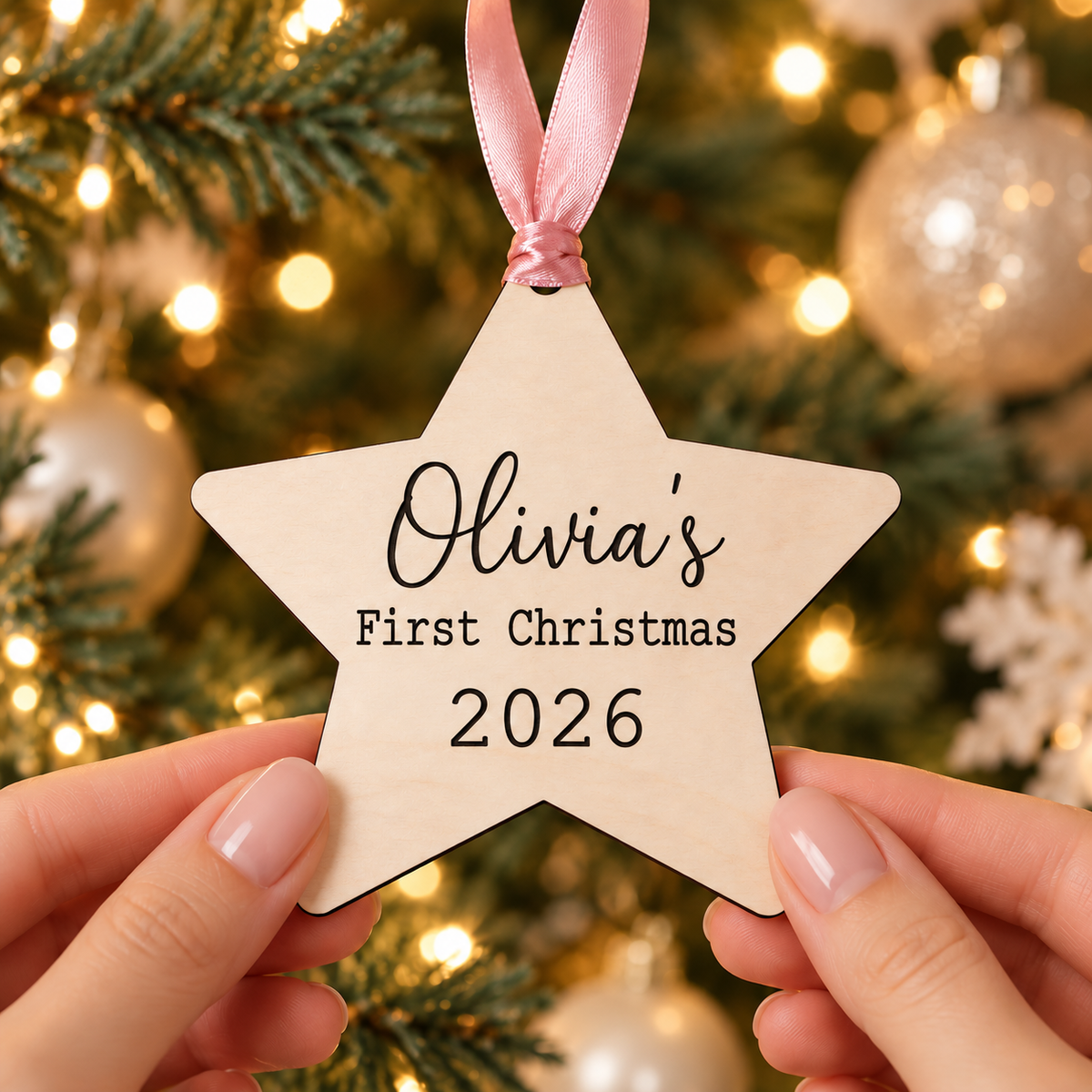 Personalised baby's first Christmas wooden star with pink ribbon, Olivia's name and 2026, held beside a Christmas tree