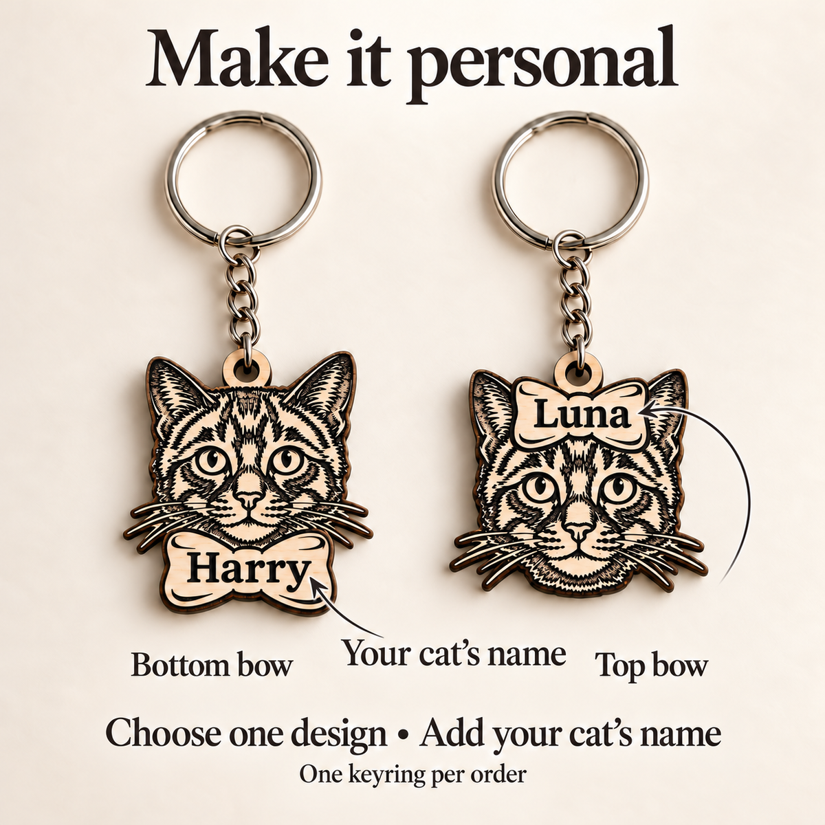 Cat keyring personalisation guide showing Harry engraved on the bottom bow and Luna on the top bow; one keyring per order.