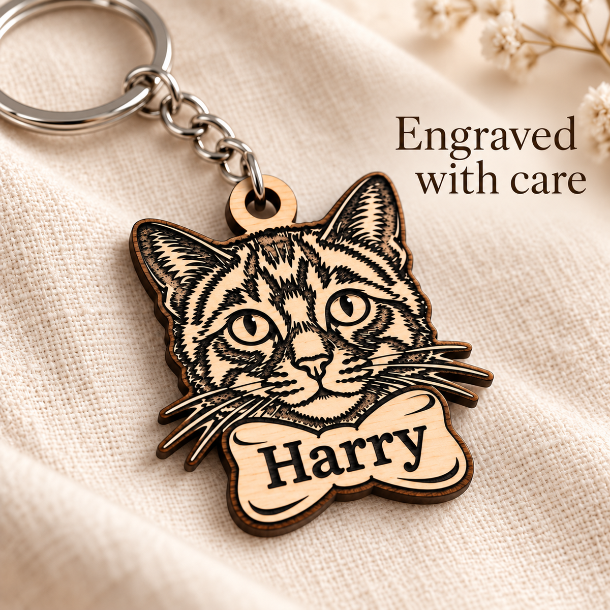 Close-up of dark laser engraving and the name Harry on a wooden tabby cat keyring.