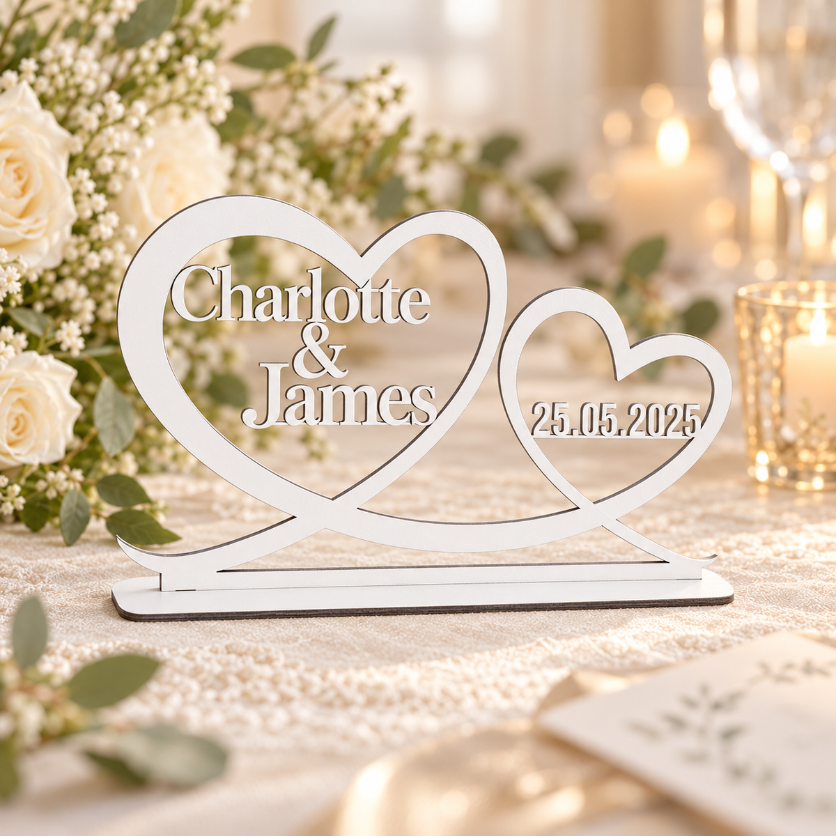 White personalised wedding heart ornament with Charlotte and James first names and date