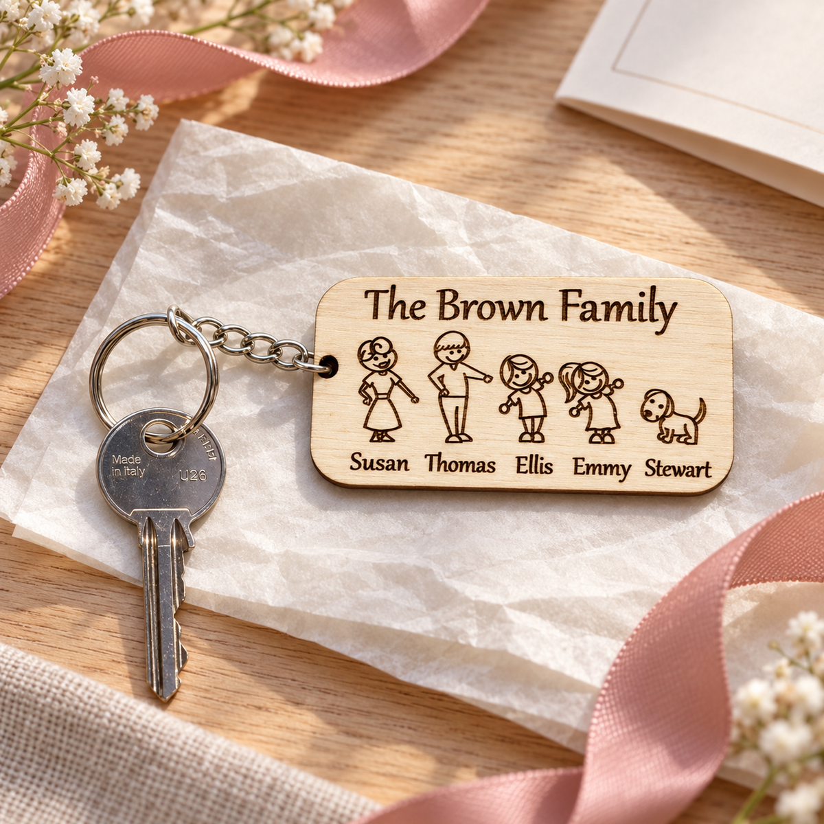 Personalised wooden family portrait keyring styled with tissue paper and a pink ribbon as a gift idea