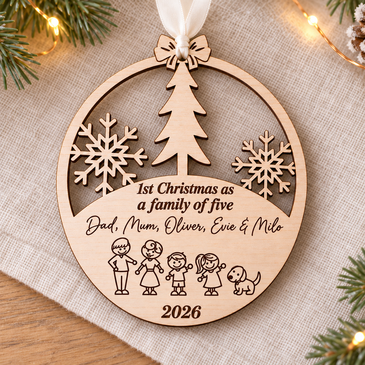 First Christmas as a family of five wooden bauble engraved with Dad, Mum, Oliver, Evie and Milo the dog