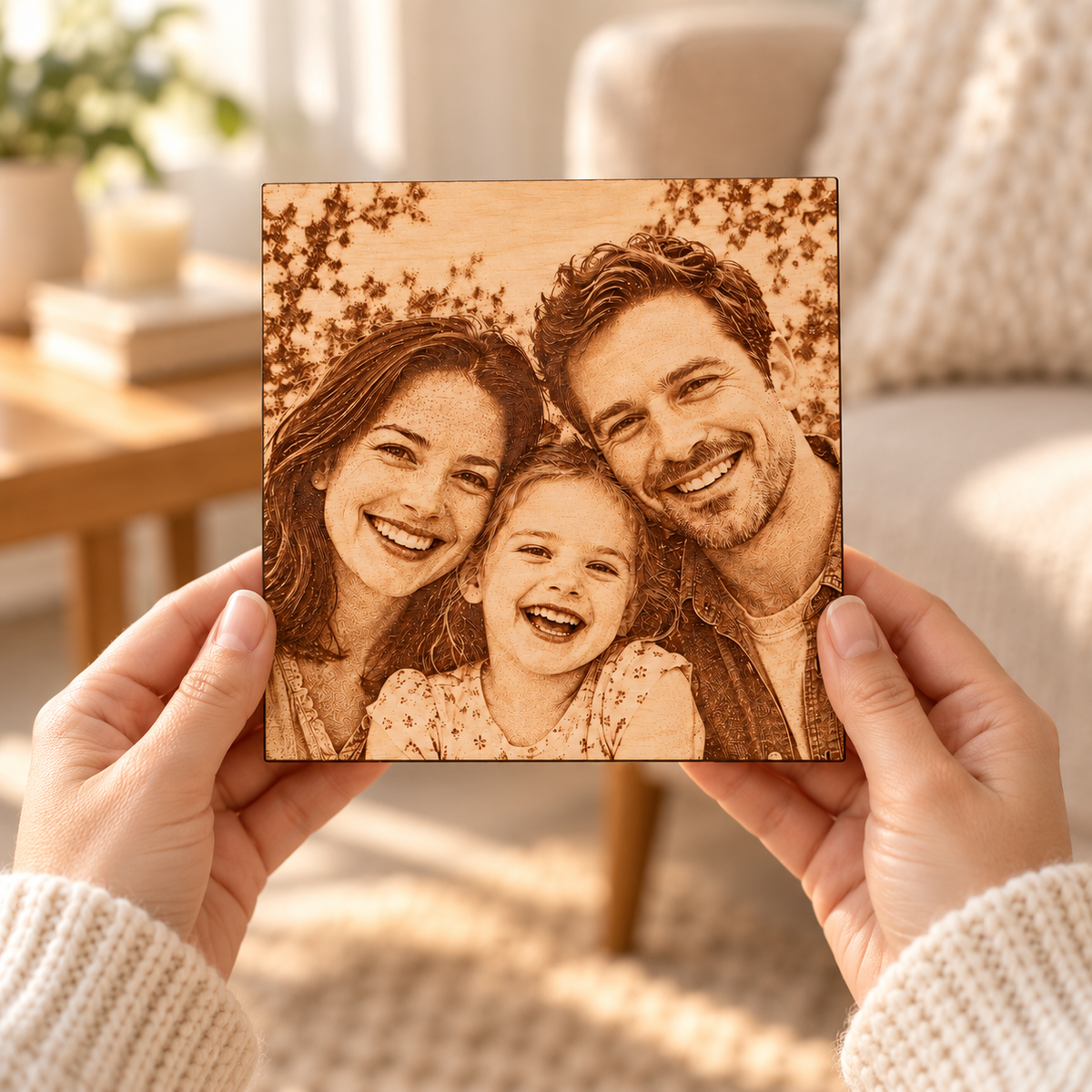 Family portrait laser engraved on a thin square birch wooden plaque held gently in hands