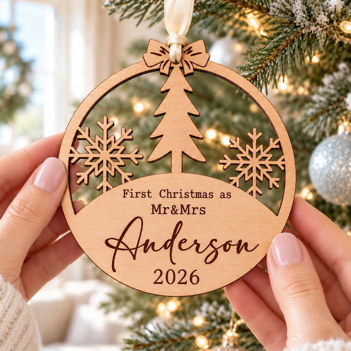 Personalised first Christmas married wooden bauble engraved with Mr and Mrs Anderson and 2026, held in hands beside a Christmas tree