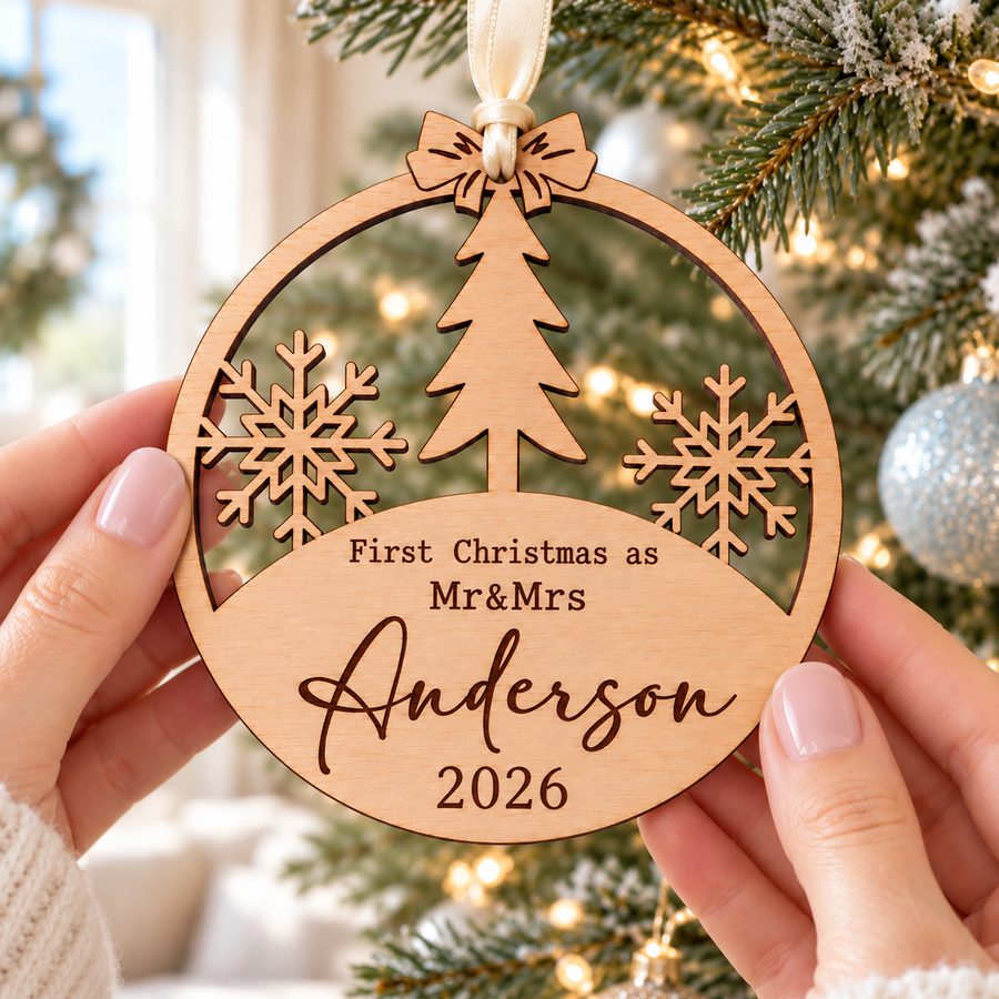 Personalised first Christmas married wooden bauble engraved with Mr and Mrs Anderson and 2026, held in hands beside a Christmas tree