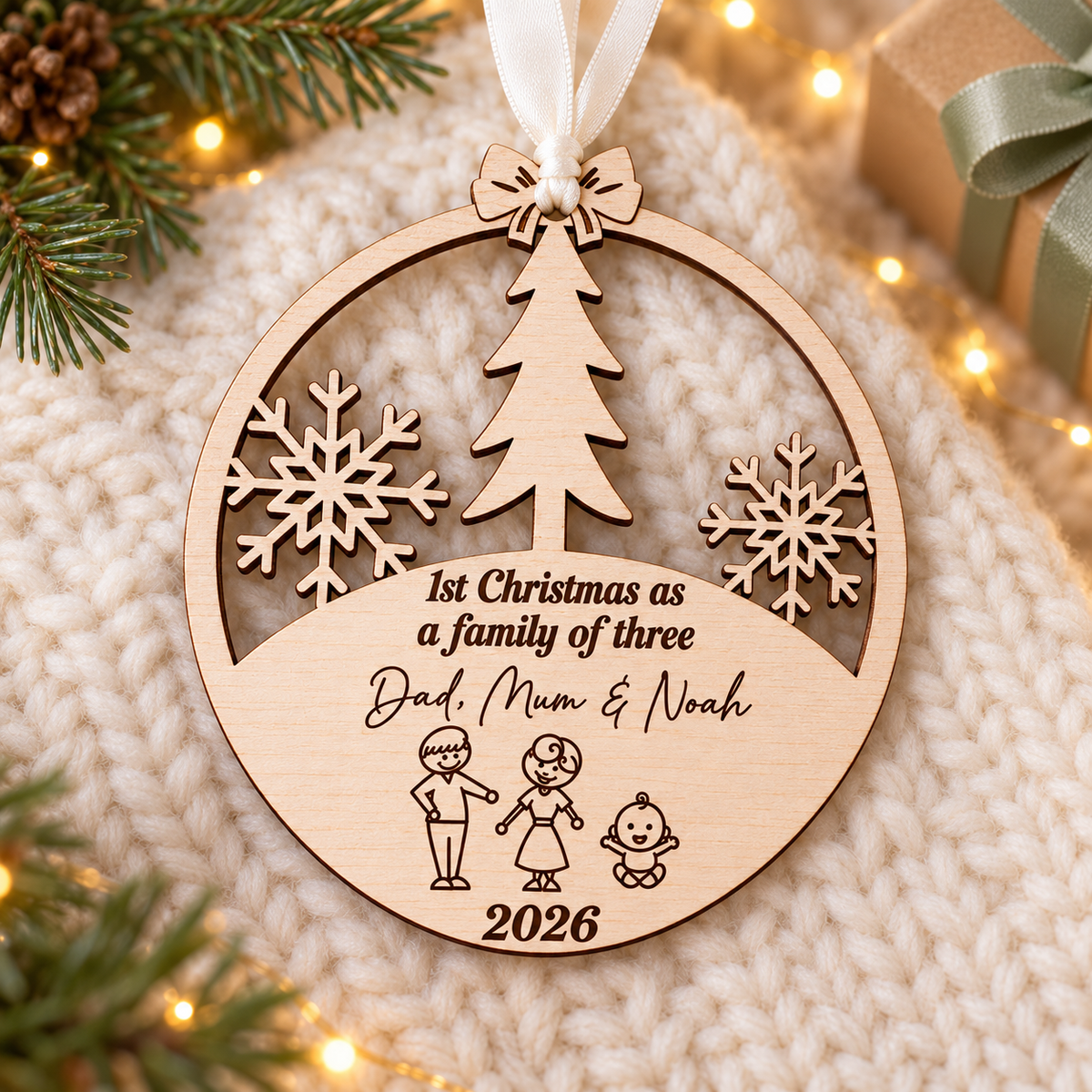Personalised family of three wooden Christmas keepsake bauble styled with festive foliage, knit fabric and a gift box