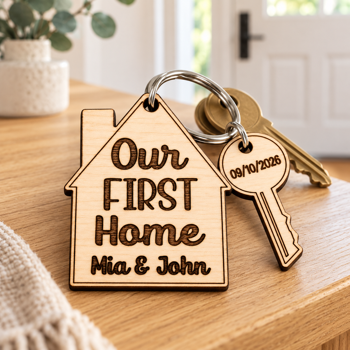 Engraved wooden house keyring and date charm styled on a console table by the front door.