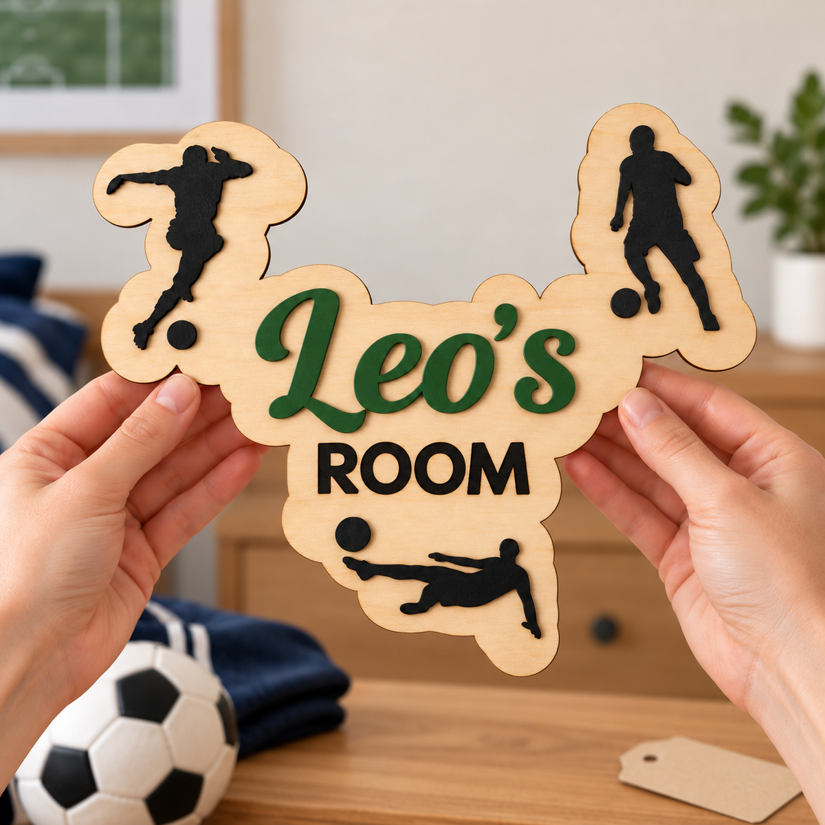 Hands holding a Forest Green Leo’s ROOM wooden football sign as a personalised gift for a young football fan.