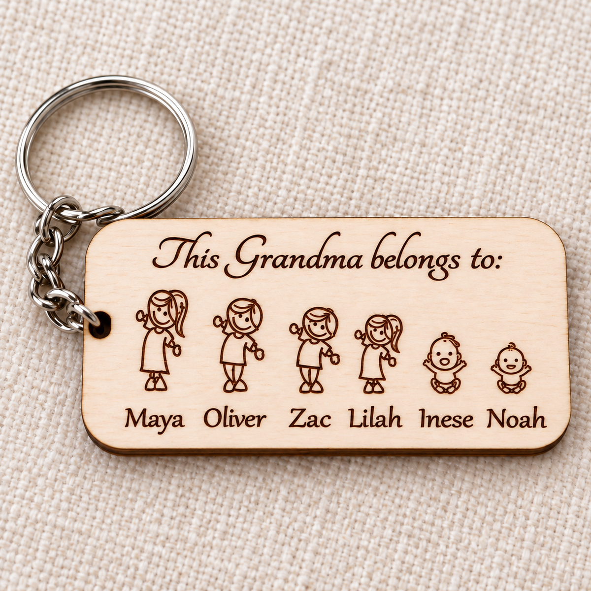 Close-up of the personalised Grandma keyring showing the wooden finish, engraved names and family characters