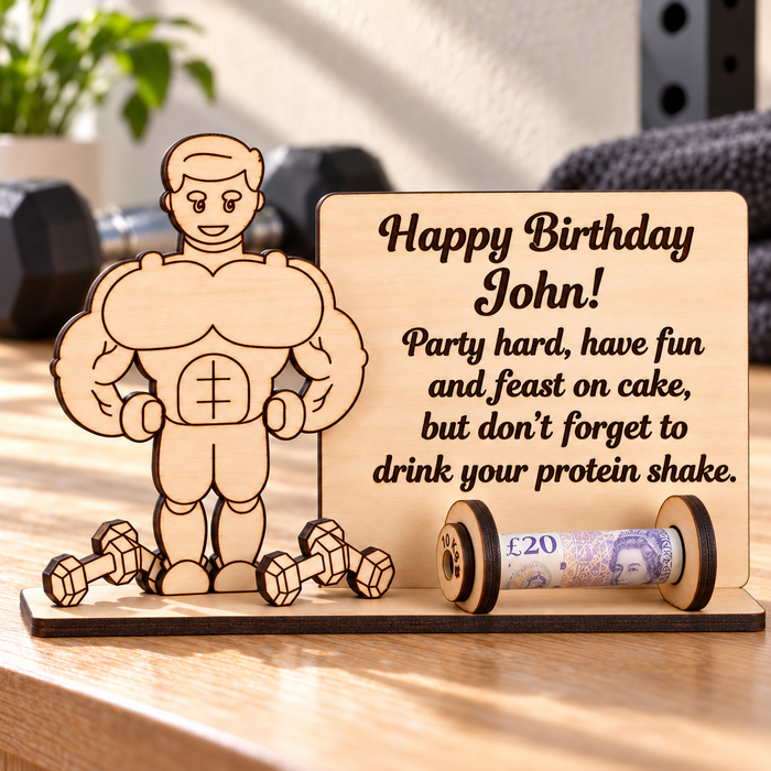 Personalised wooden gym money holder with bodybuilder, birthday message and rolled banknote between weight plates