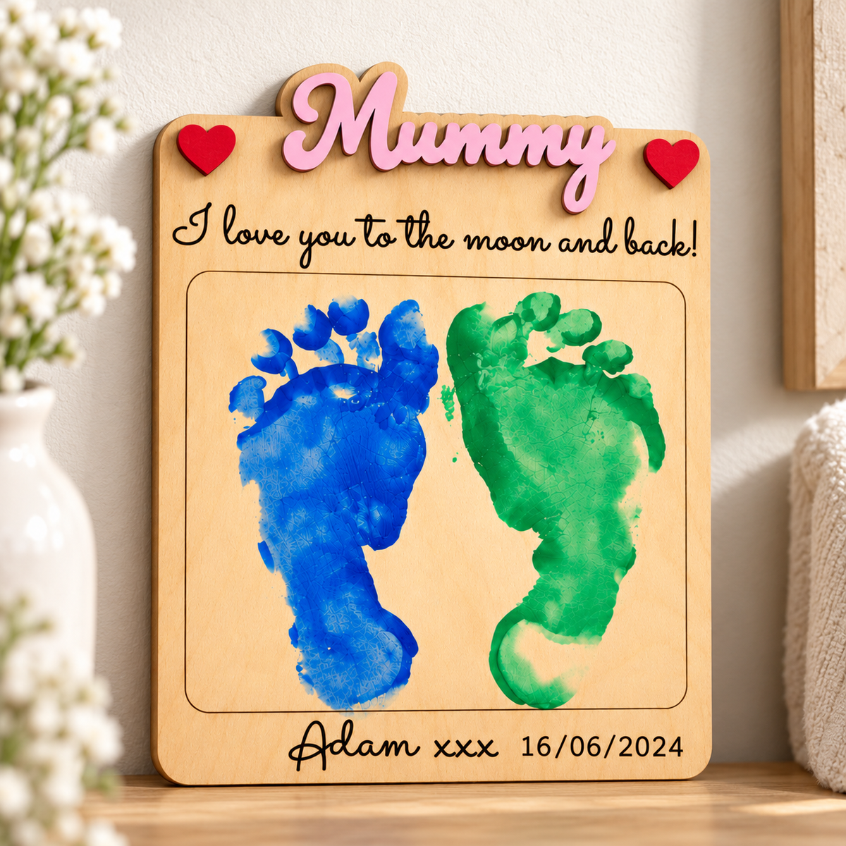 Personalised Mummy wooden footprint keepsake with pink raised lettering, red hearts and an engraved message and date.