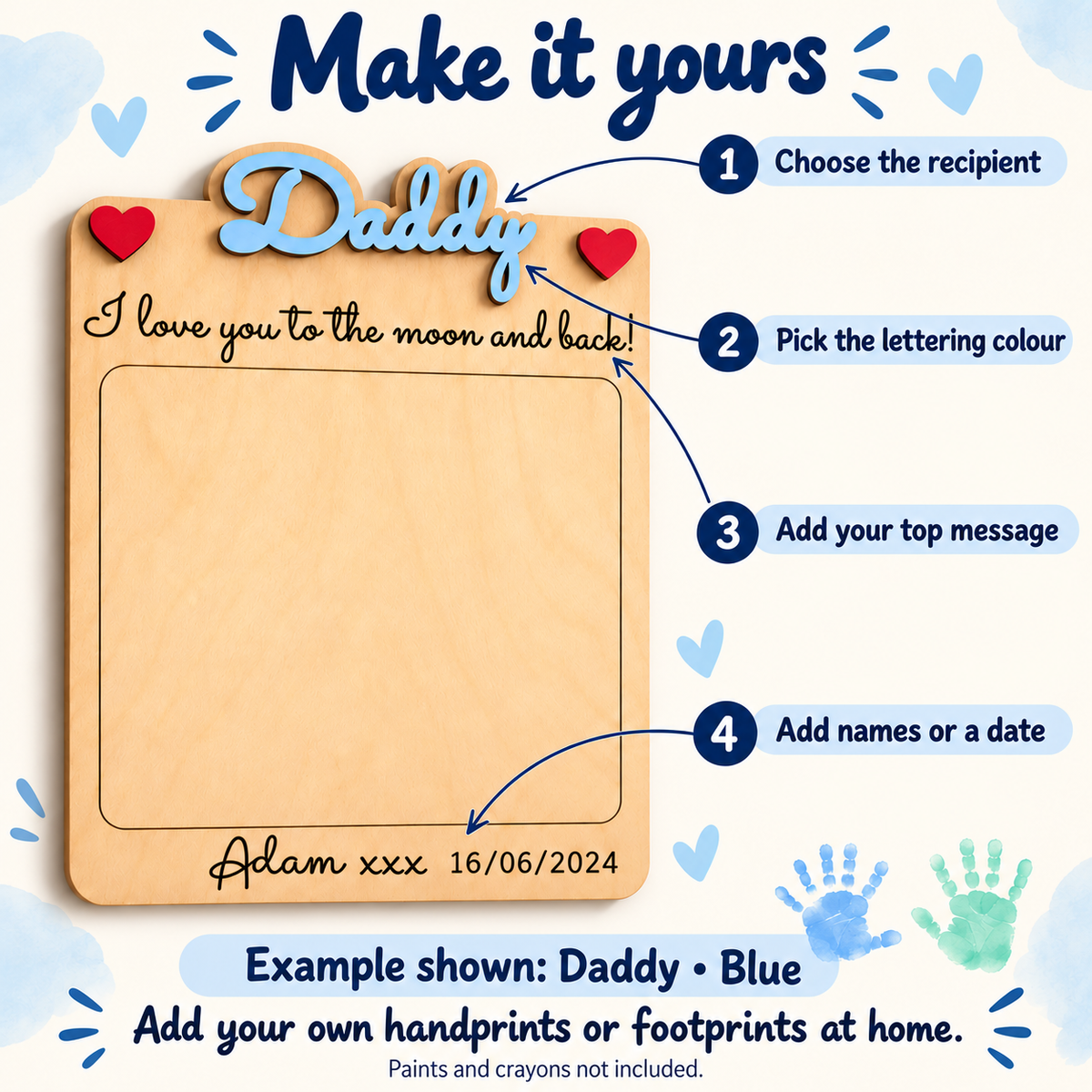 Personalisation guide showing recipient lettering, lettering colour, top engraved message and bottom names or date on a blank wooden plaque.