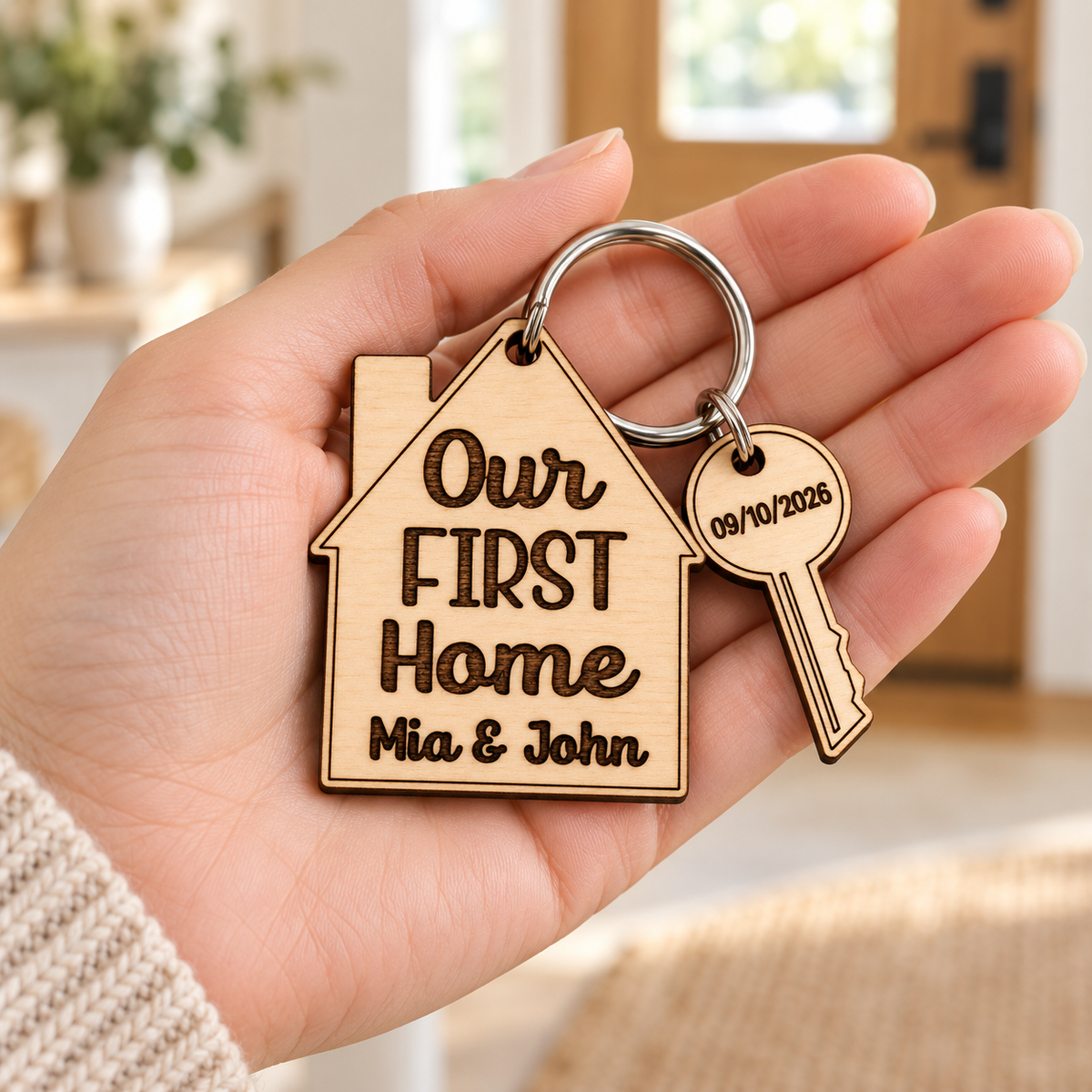 Our First Home wooden keyring held in a hand to show the house tag and separate engraved date charm.