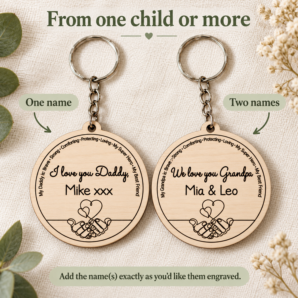 I Love You Daddy keyring with Mike xxx and We Love You Grandpa keyring with Mia and Leo, showing one or two engraved names
