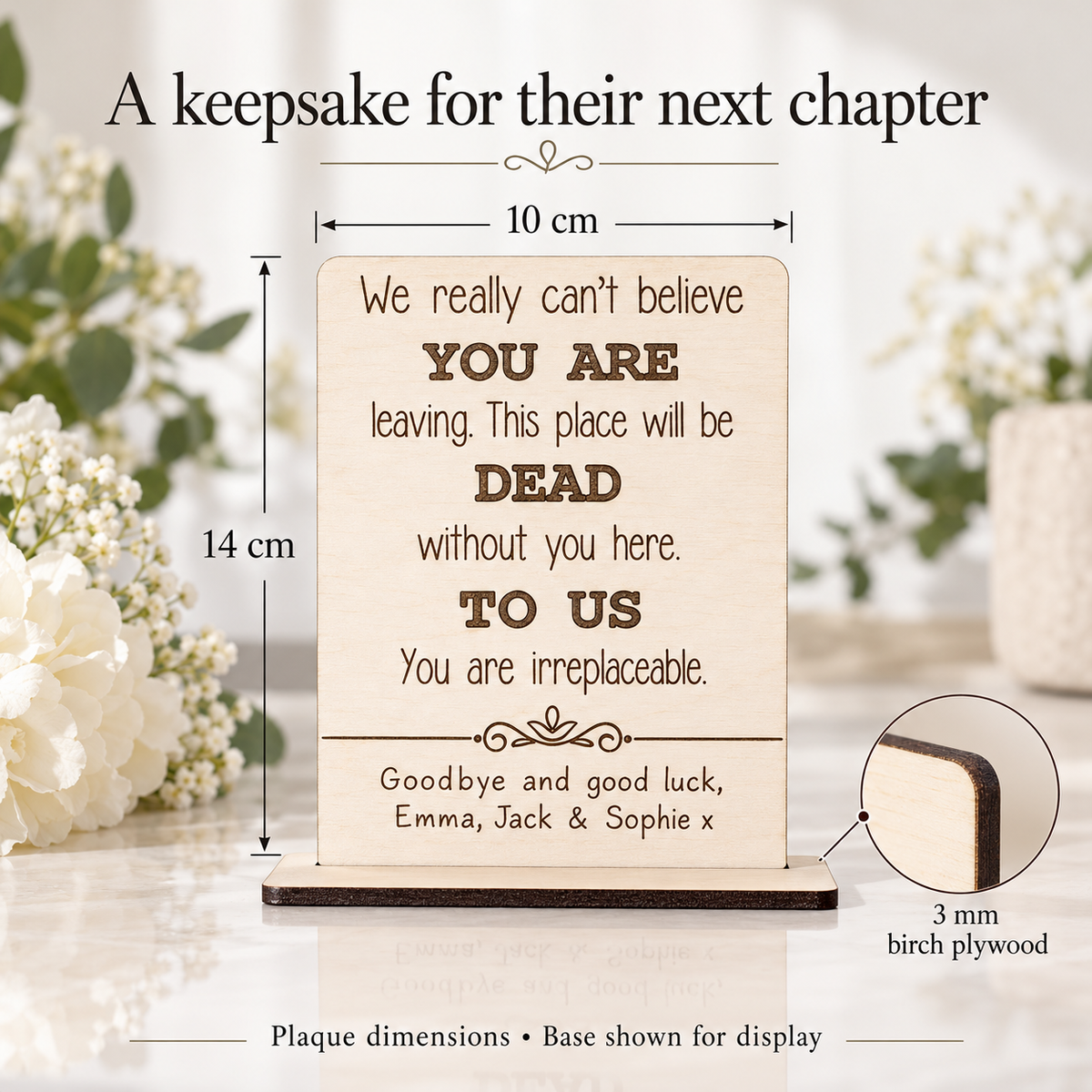 Wooden card dimensions of 14 cm by 10 cm, made from 3 mm birch plywood