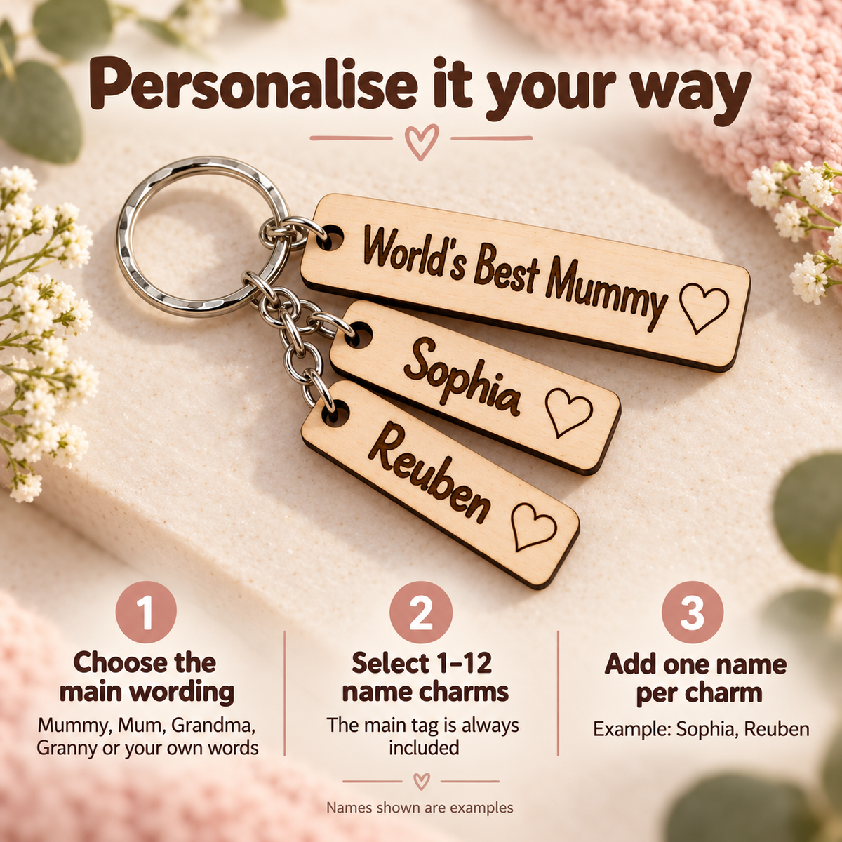 How to personalise a Mummy or Grandma keyring: choose wording, select 1–12 name charms and enter one name for each.