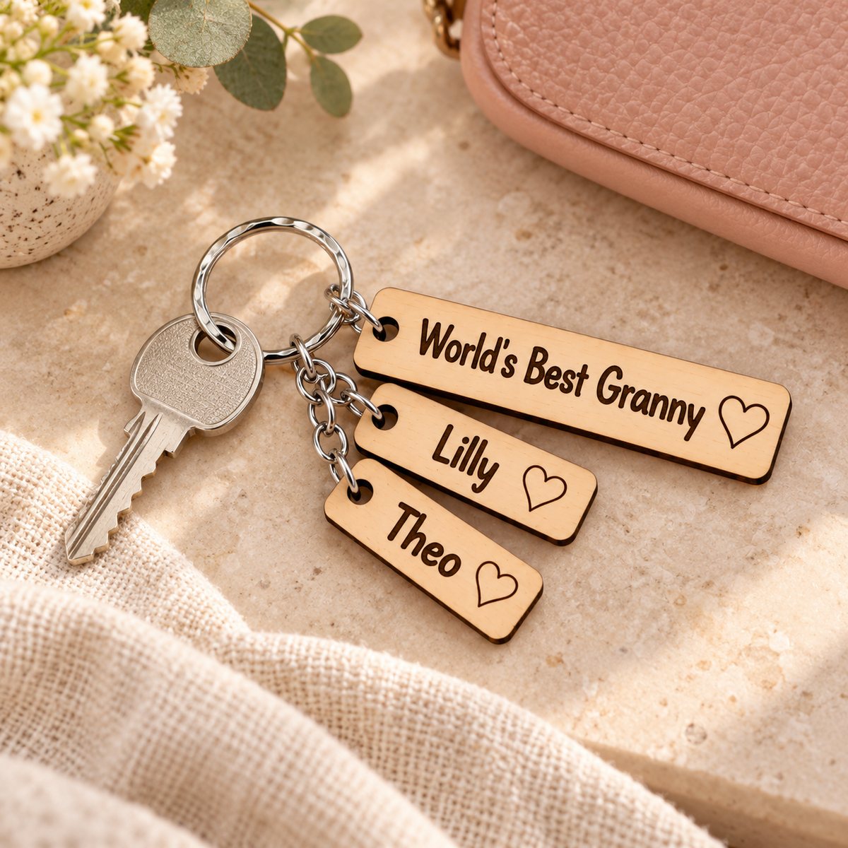 Personalised World's Best Granny keyring with Lilly and Theo name charms attached to a house key.
