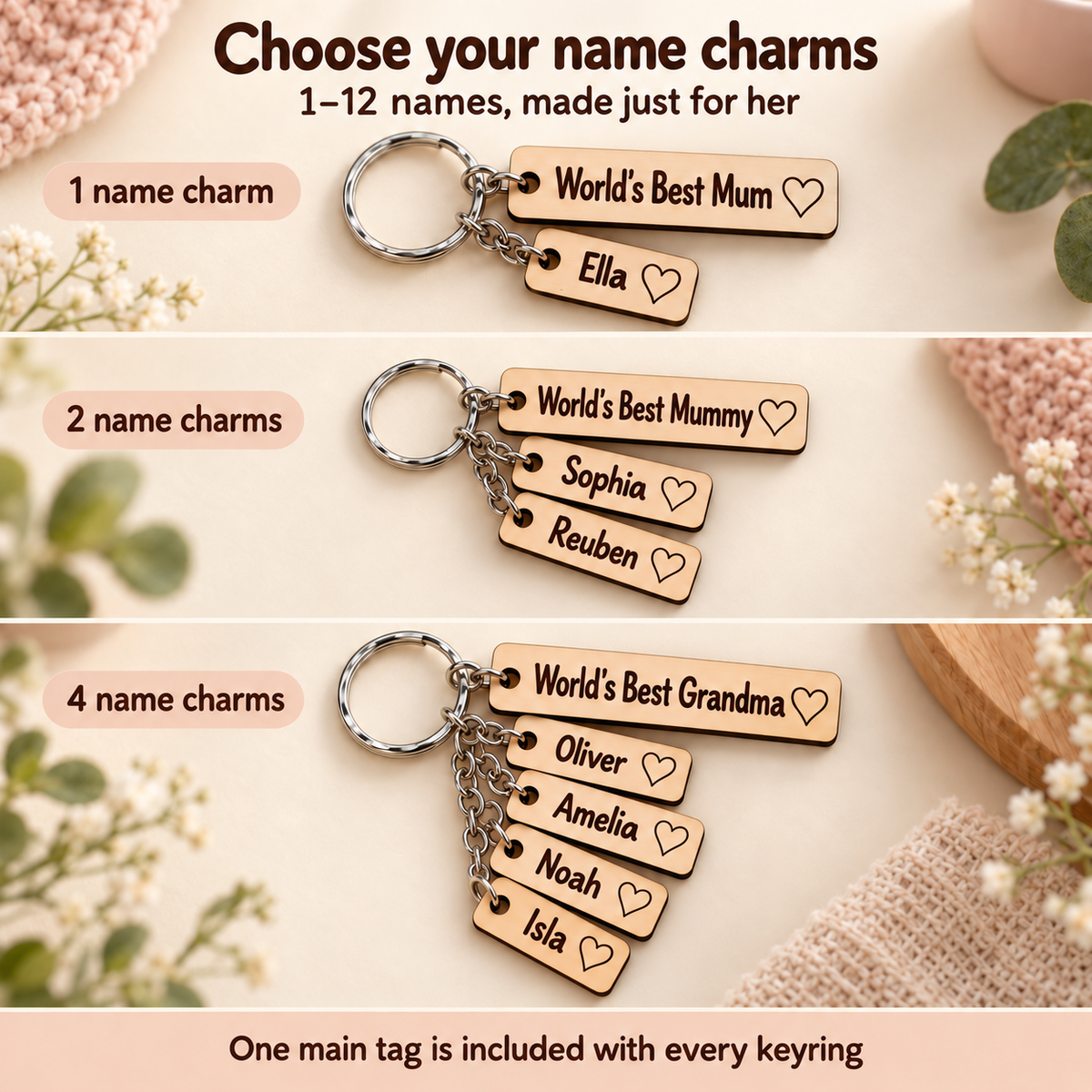 Examples of one, two and four name charms; the main tag is included with every personalised keyring.