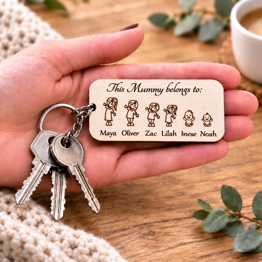 Personalised This Mummy Belongs To wooden keyring with six children's names, held with house keys