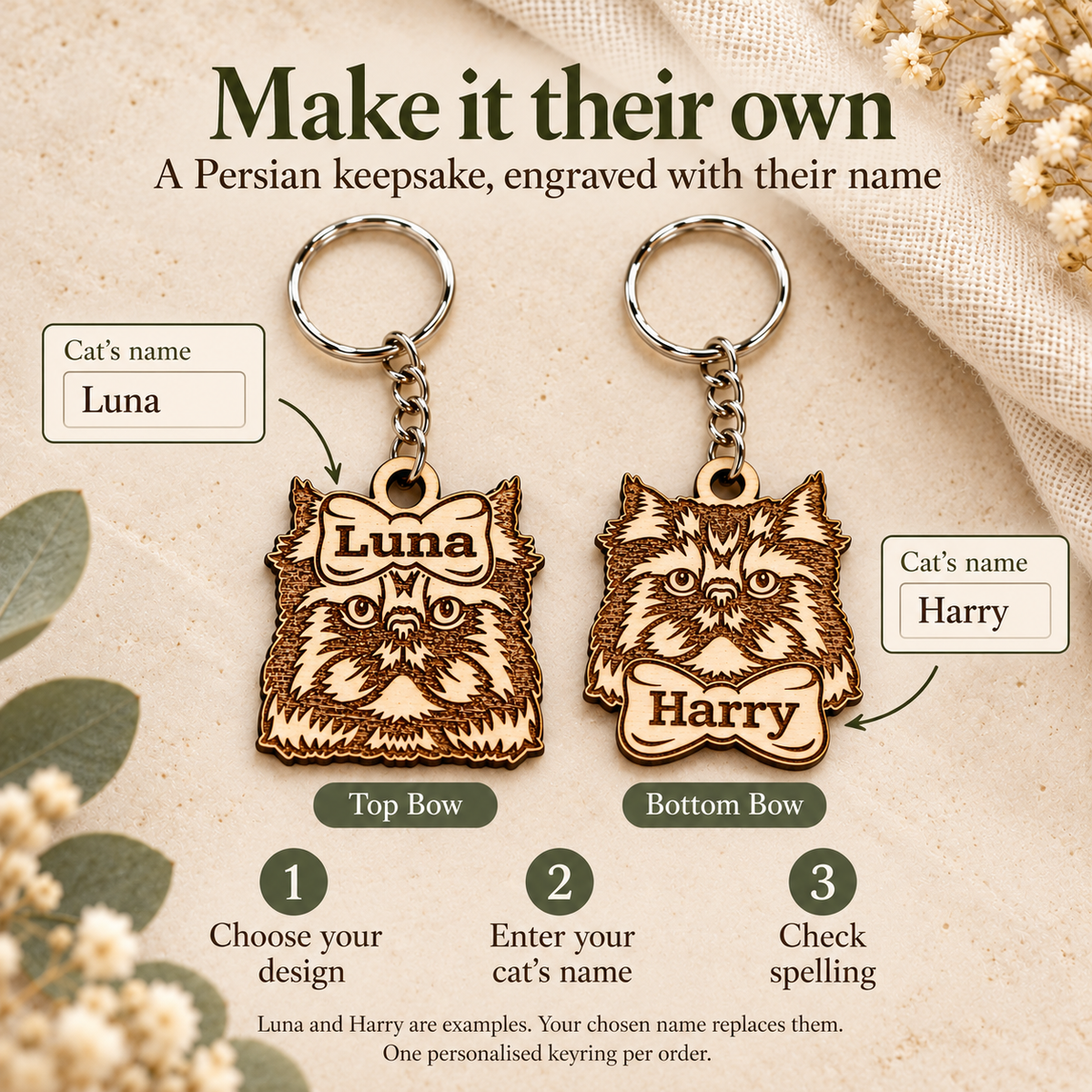Persian cat keyring personalisation guide showing Luna and Harry example names, bow choices and spelling instructions