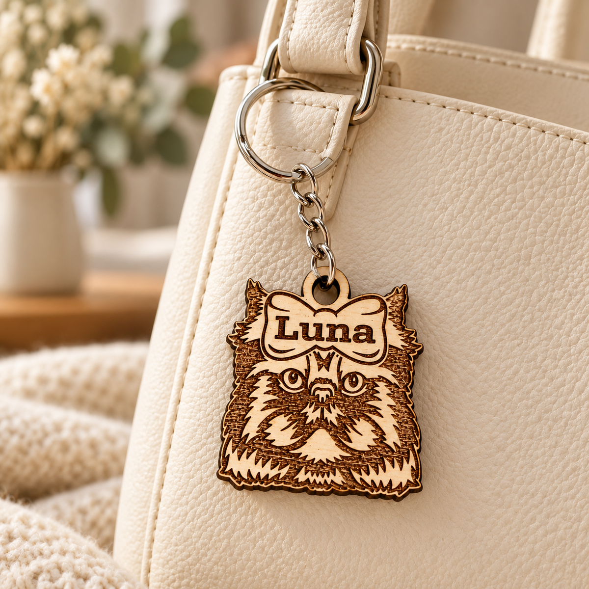 Personalised Luna Persian cat keyring attached to an ivory handbag as a small wooden bag charm