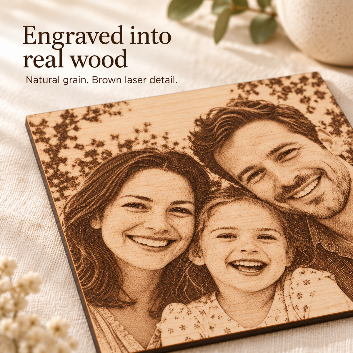 Close-up of brown laser engraving on thin birch plywood, showing the family photograph and natural wood grain