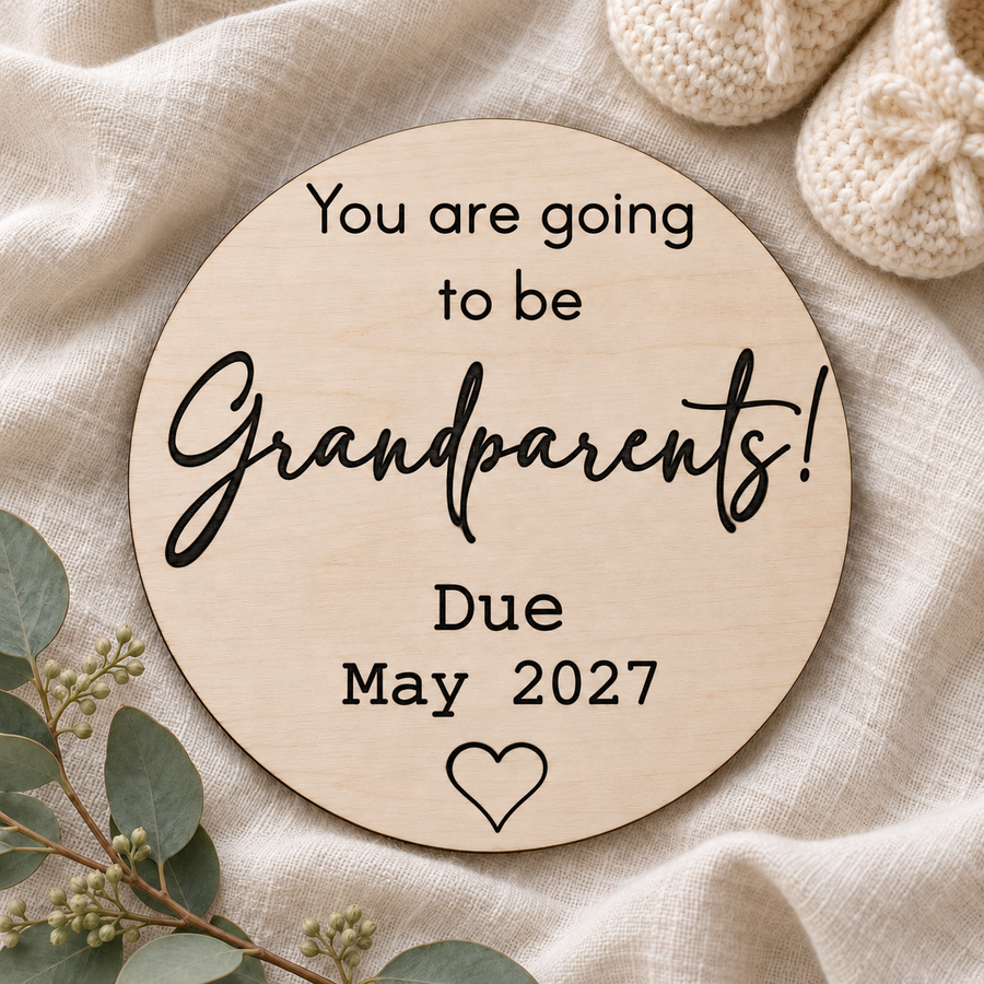 Wooden pregnancy announcement plaque engraved You are going to be Grandparents with a personalised due date, on ivory linen