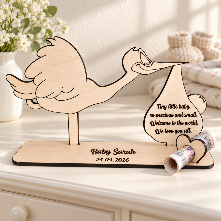 Personalised wooden stork new baby keepsake with engraved name, birth date and optional heart money holder