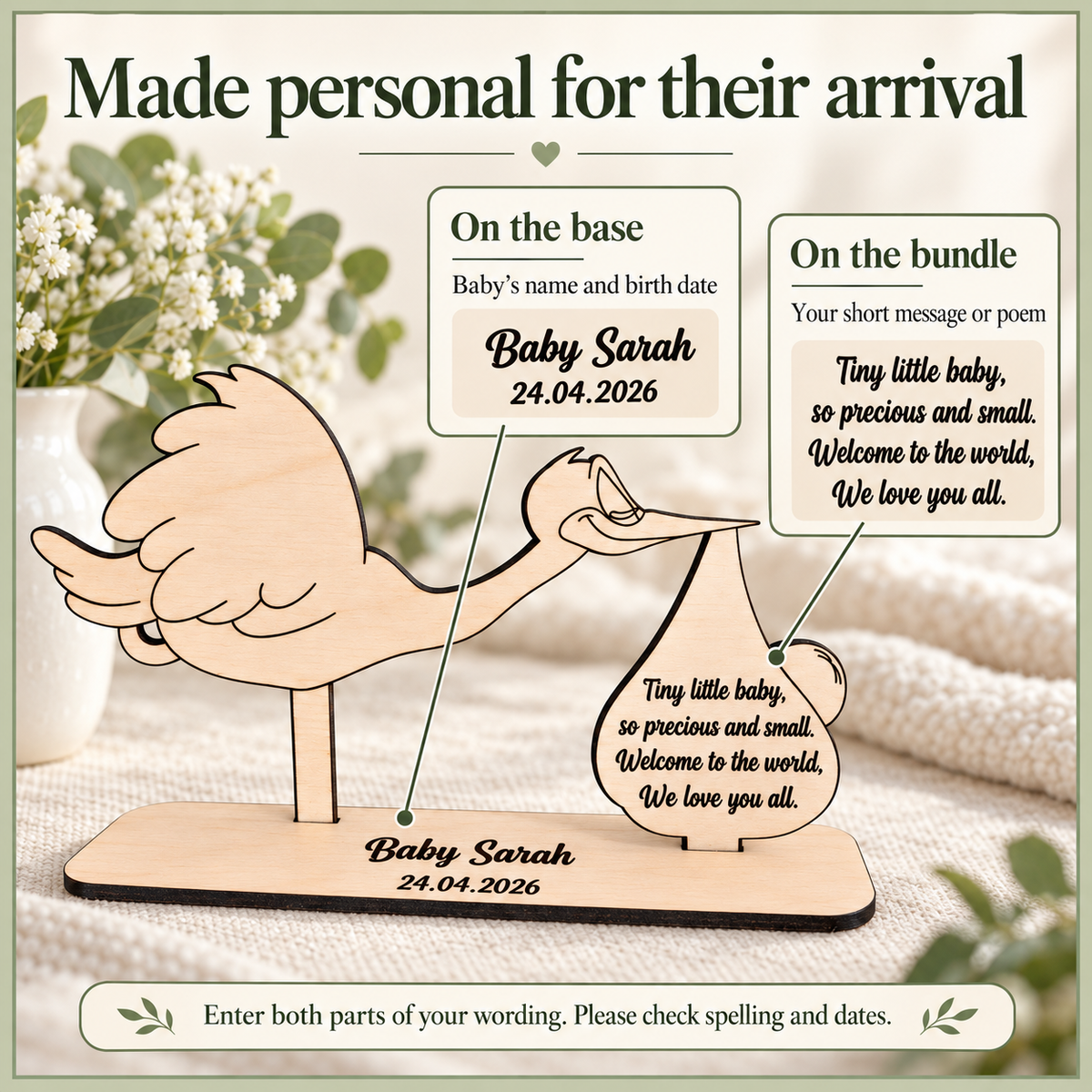 Personalisation guide showing baby details on the base and a short message on the stork's bundle