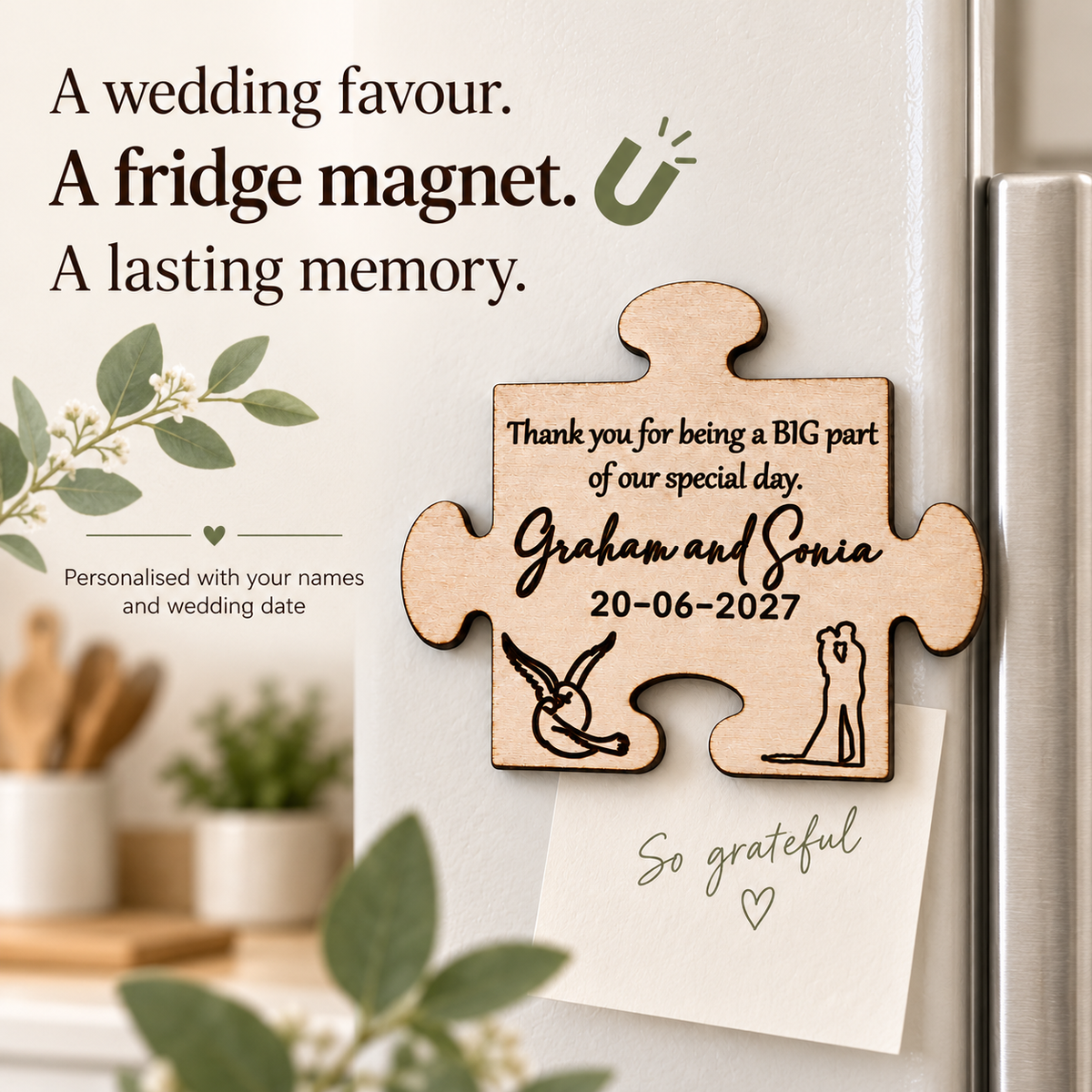 Wooden wedding favour magnet displayed on a fridge with the message A wedding favour. A fridge magnet. A lasting memory.