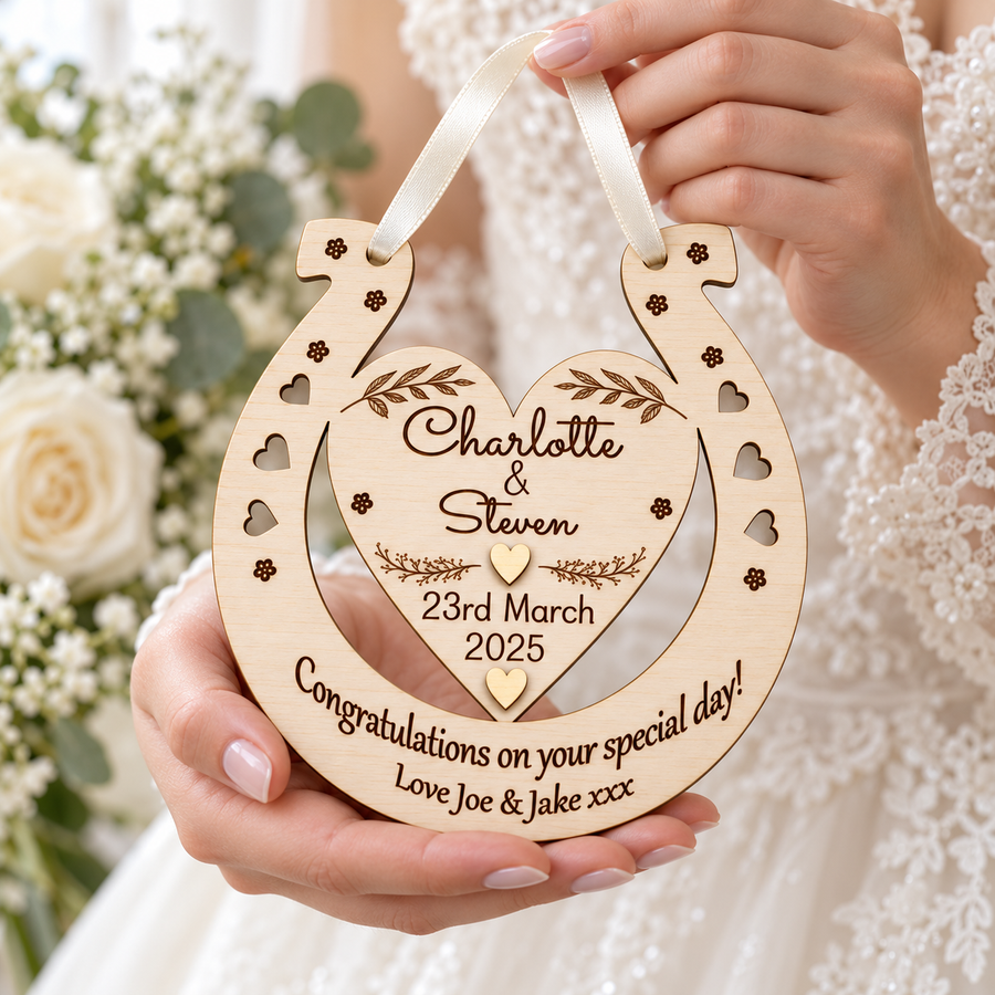 Personalised wooden wedding horseshoe with engraved names and date held by a bride beside her bouquet