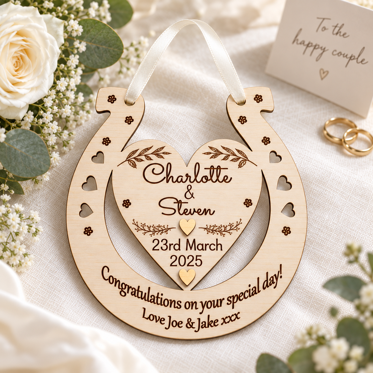 Engraved wooden horseshoe arranged as a wedding gift beside white flowers, a greeting card and wedding rings