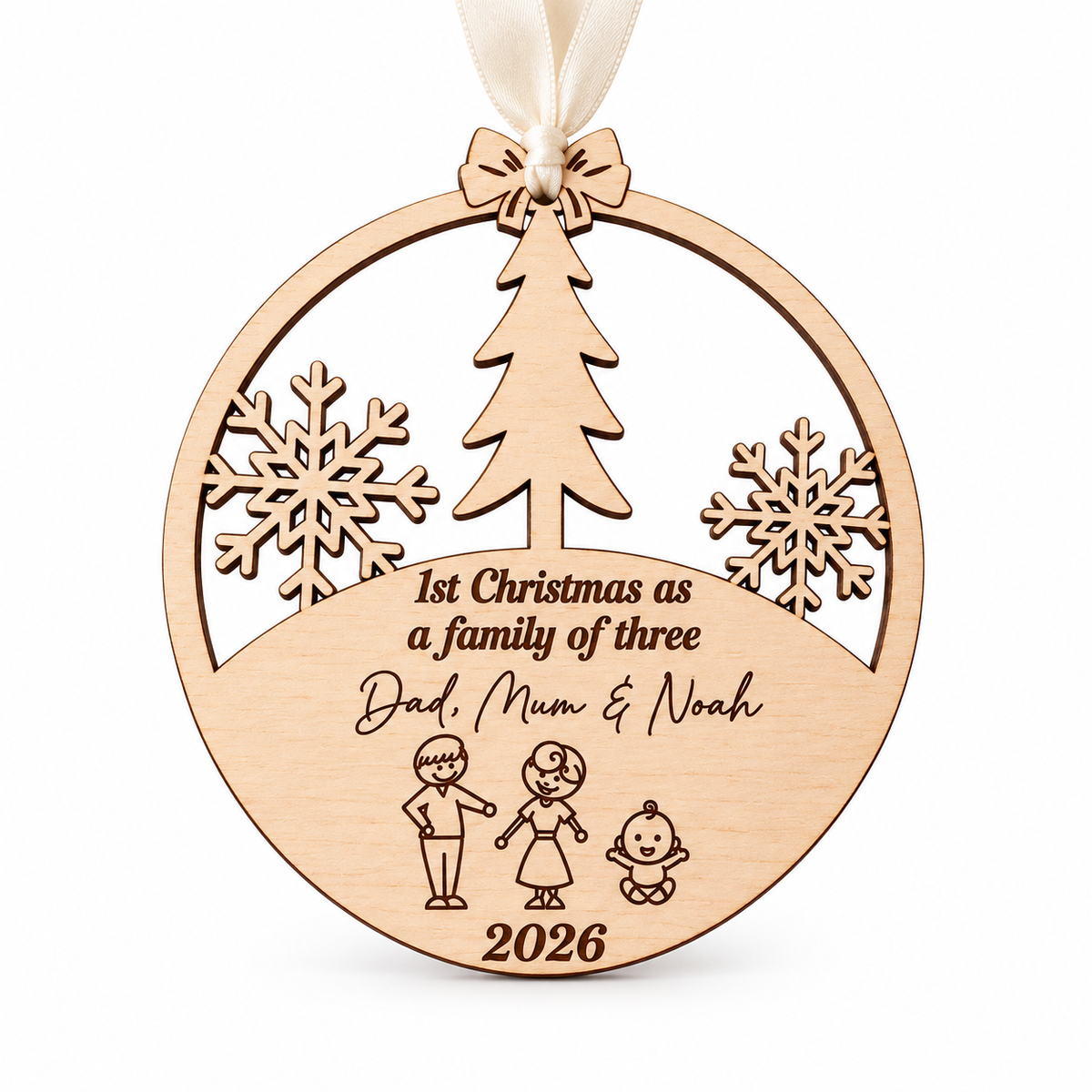 Personalised first Christmas as a family of three wooden ornament with cream ribbon, shown on a white background