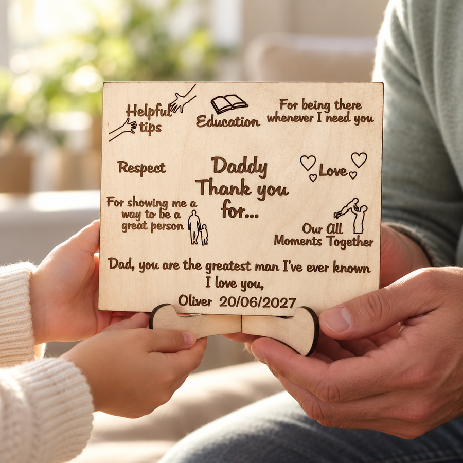 Personalised wooden Father's Day card being handed to Dad, with engraved messages and a freestanding stand