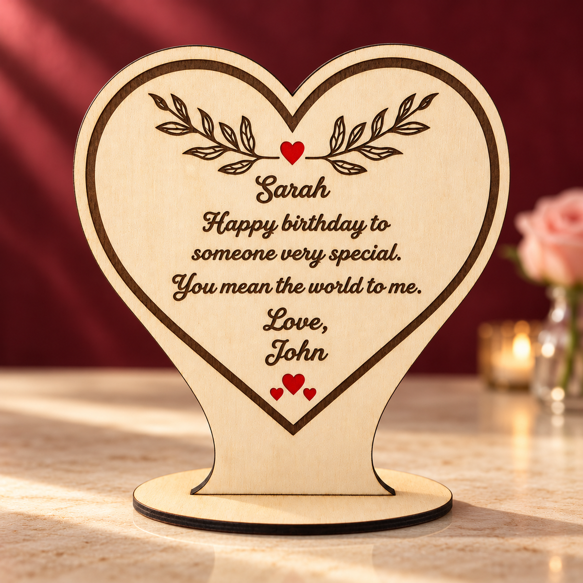 Personalised freestanding wooden heart displayed against a burgundy background