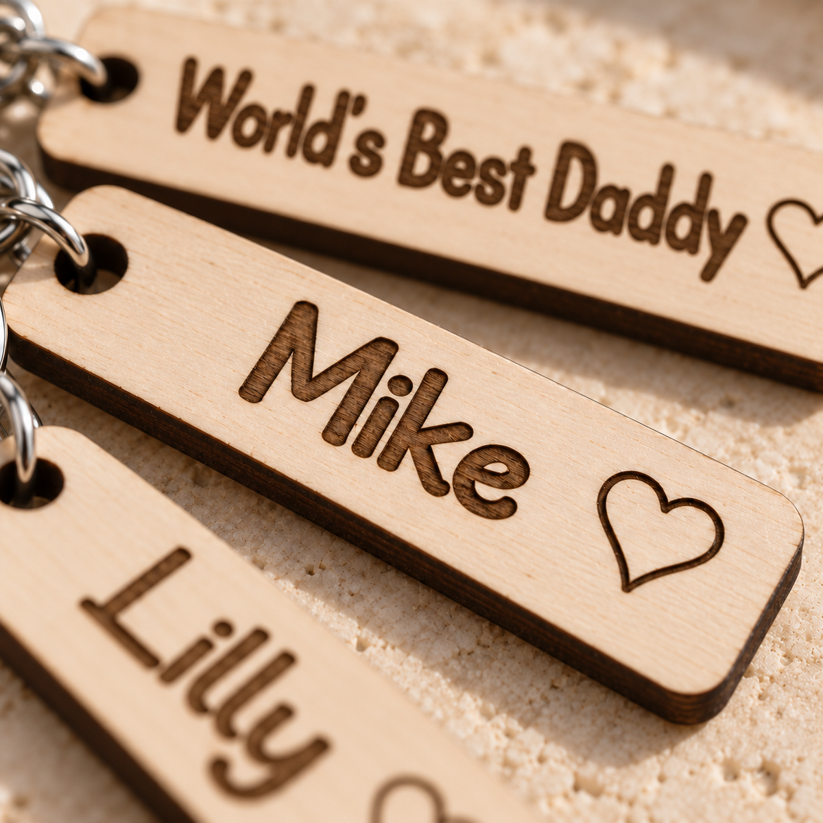Close-up of bold dark laser engraved Mike name charm and heart in natural birch plywood.