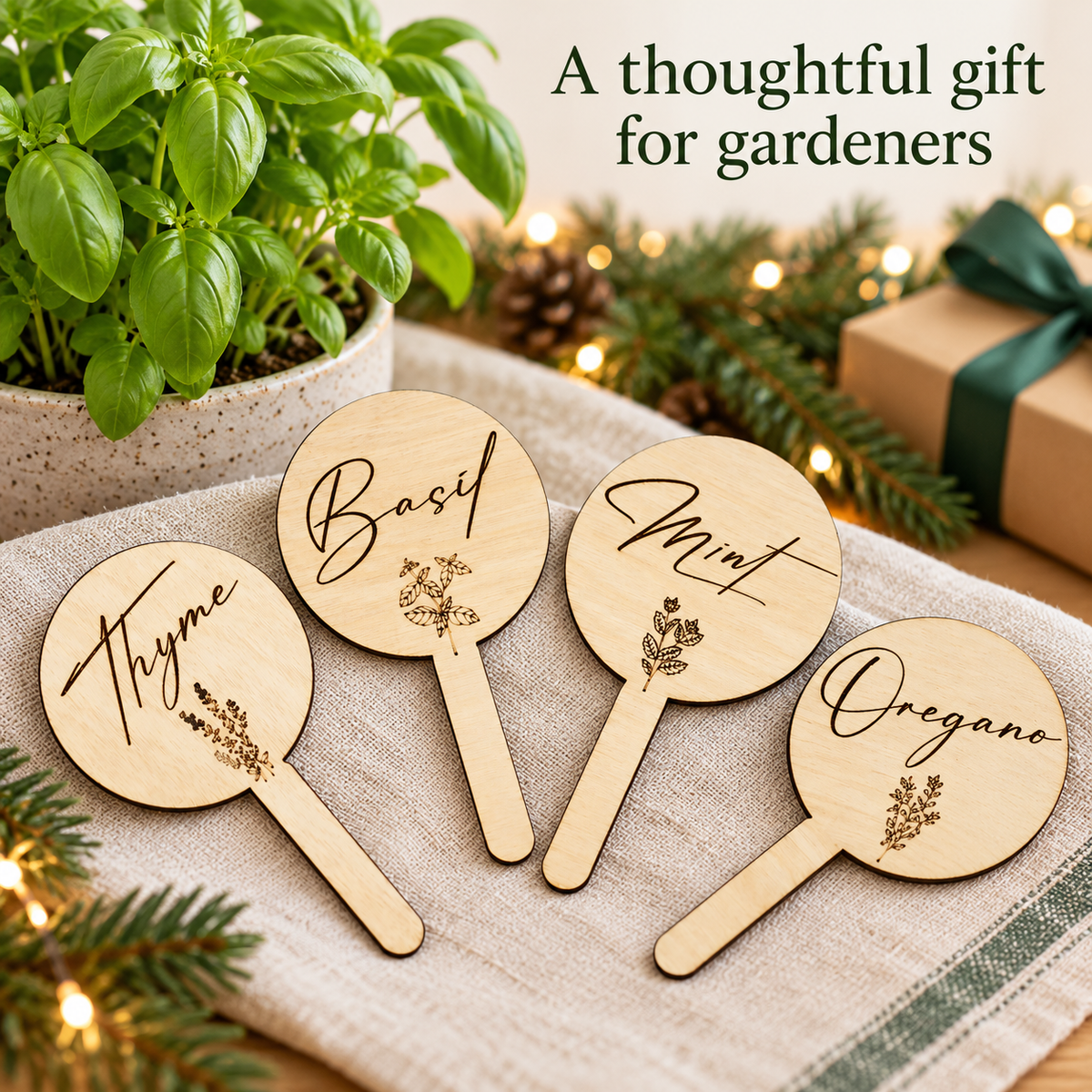 Personalised wooden herb markers styled as a Christmas gift for a gardener