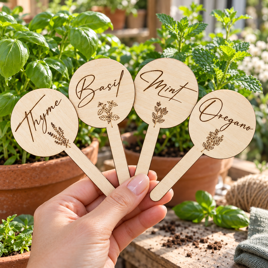 Personalised wooden plant markers for Basil, Mint, Oregano and Thyme held in a hand beside herb pots