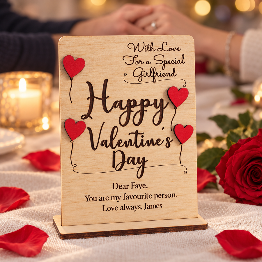 Personalised wooden Valentine's card with red heart balloons on a stand, styled with roses and clasped hands